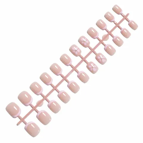 粉色法式穿戴甲白色弧线花朵短圆甲型预制甲美甲贴片成品甲nail-甲条图