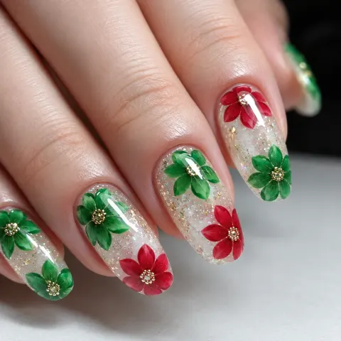 欧美圣诞节穿戴甲红绿花卉短方圆美甲ins风假指甲贴片nail批发 / Press-On Nails